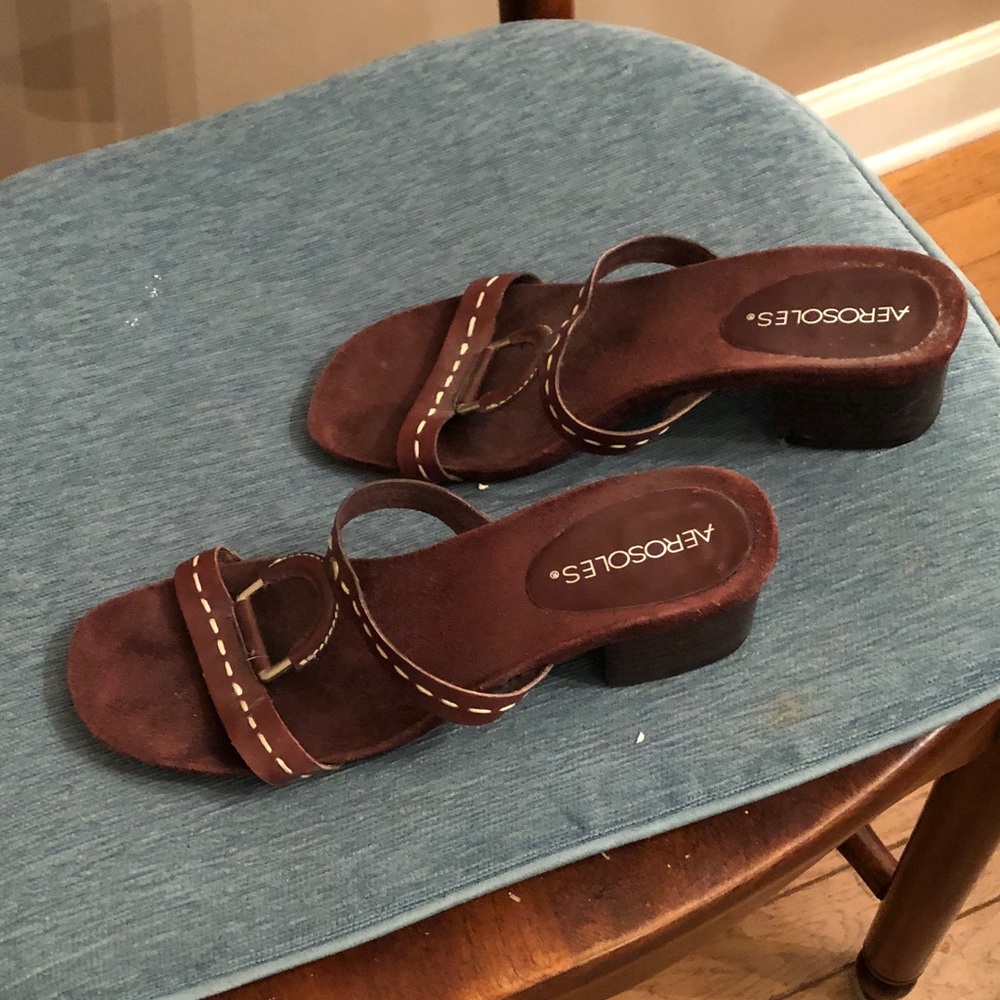 AEROSOLES Dark Brown Mules with Stitch Detail